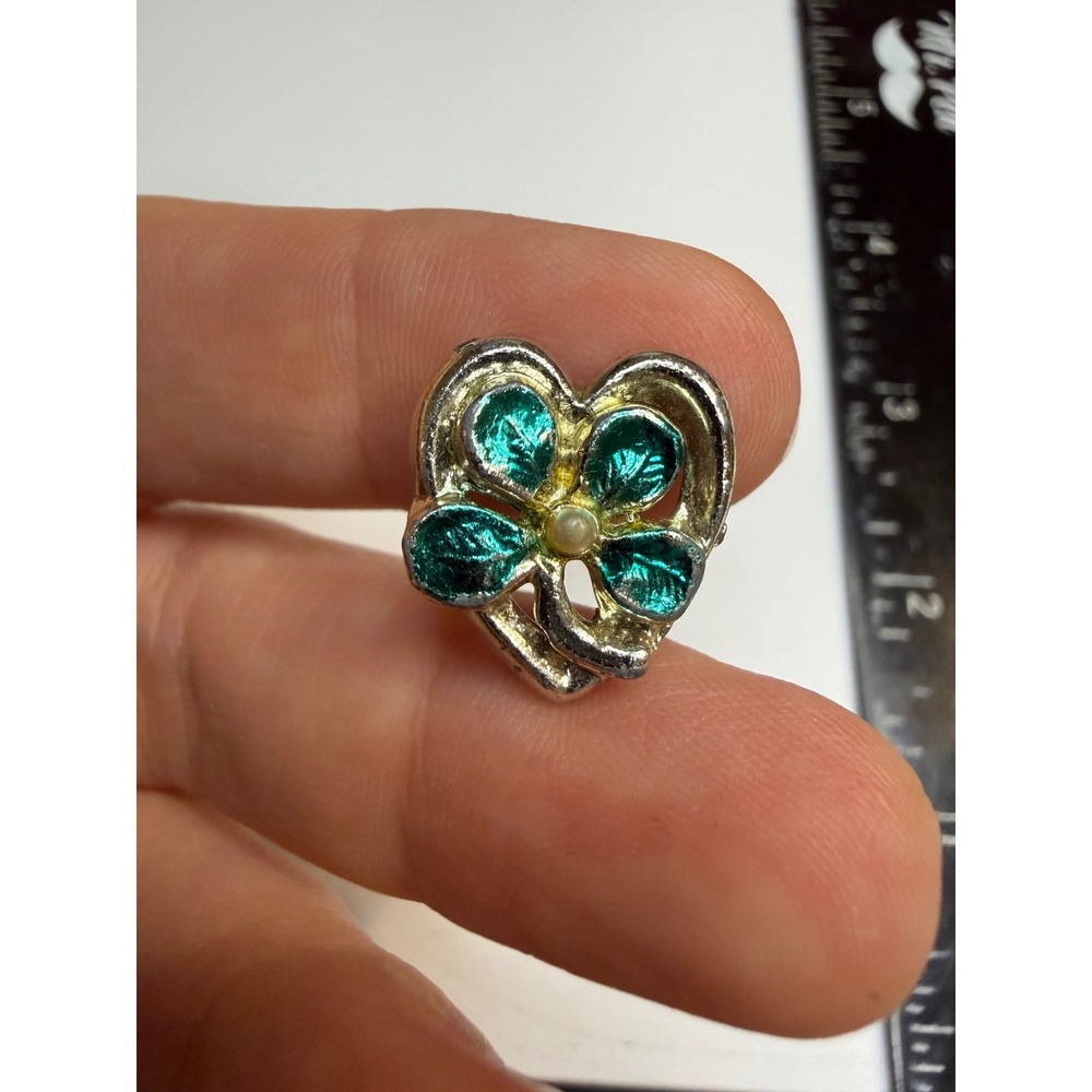 Vintage Silver Tone Heart Green Enamel Four Leaf Clover Faux Pearl Brooch Pin